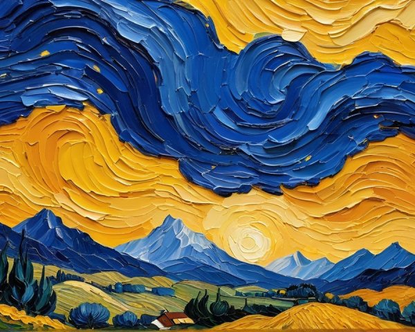 Vibrant Impasto Oil Painting of Sunset Landscape