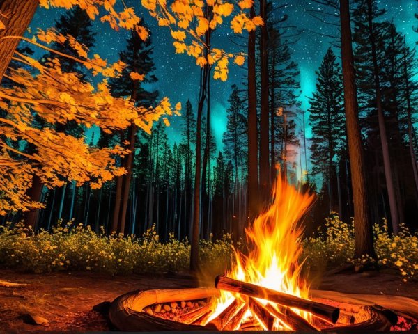 Campfire Surrounded by Colorful Autumn Leaves and Stars