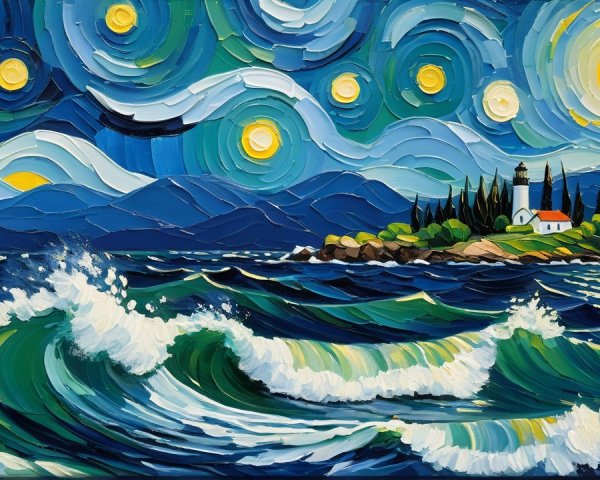 Serene Seascape with Lighthouse and Starry Sky