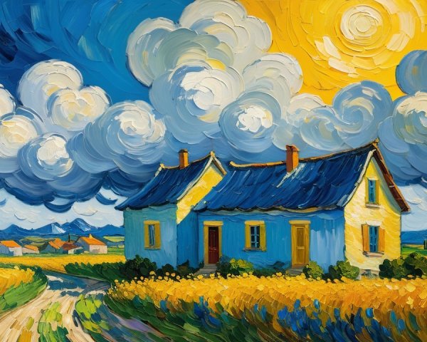 Blue Houses with Yellow Section and Dramatic Sky