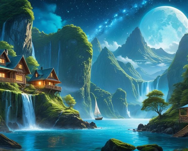 Serene Fantasy Landscape with Waterfalls and Moonlight