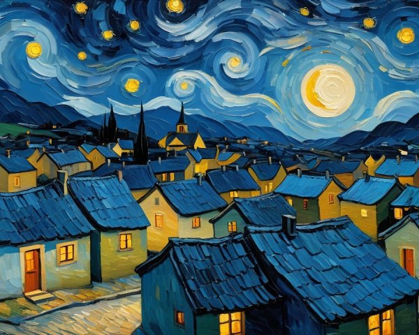 Vibrant Night Sky with Moon and Quaint Houses