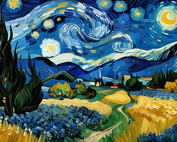 Vibrant Night Sky with Rolling Hills and Cypress Trees