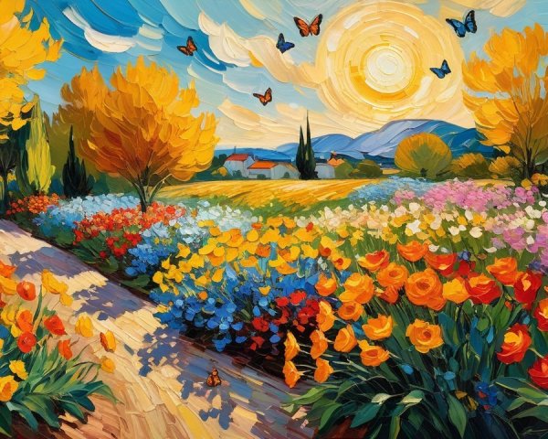 Vibrant Landscape Painting of a Sunlit Garden Path