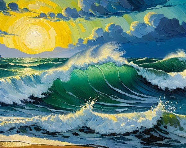 Oil Painting of Ocean Waves and Two-Toned Sky