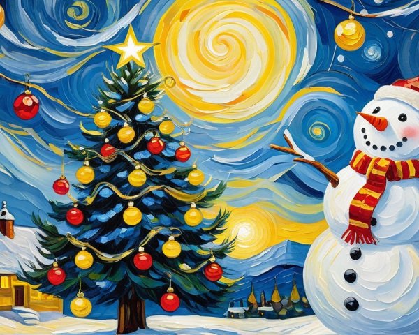 Snowman and Christmas Tree Under a Starry Night Sky