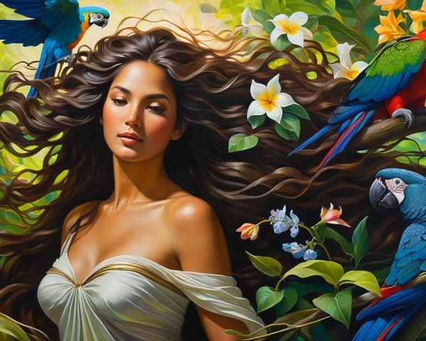 Captivating Woman in Tropical Setting with Parrots