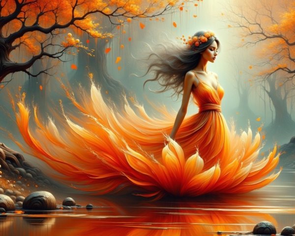 Mystical figure in flowing orange gown by serene lake
