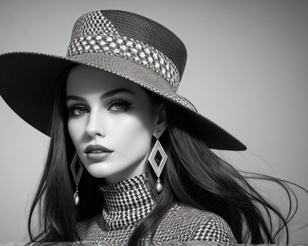 Black-and-white portrait of a model with stylish hat
