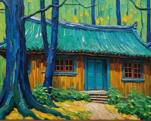 Chinese House with Aqua Roof in Colorful Forest