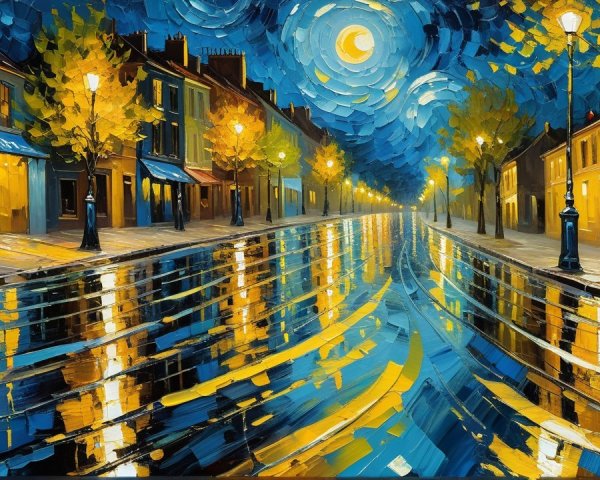 Serene Night Scene with Vibrant Street and Reflections