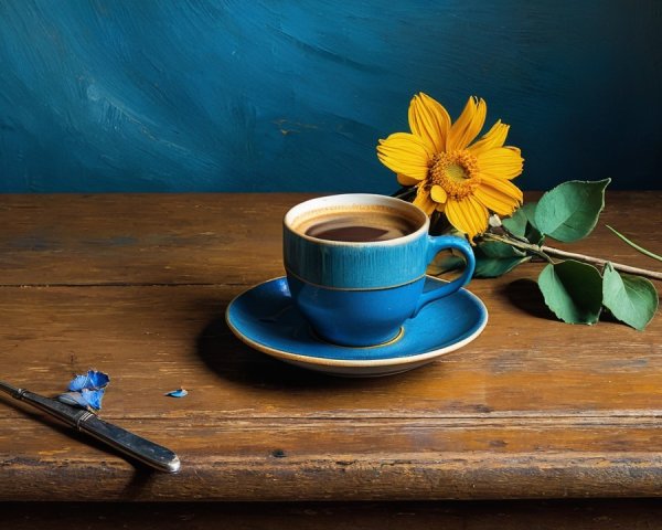 Blue Coffee Cup with Yellow Flower on Rustic Table