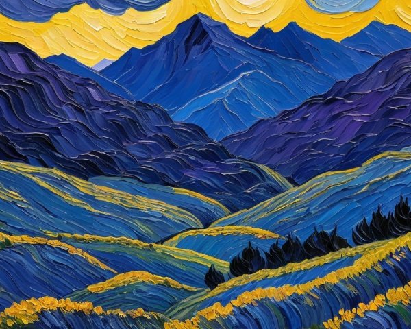Vibrant Impasto Oil Painting of Mountainous Landscape