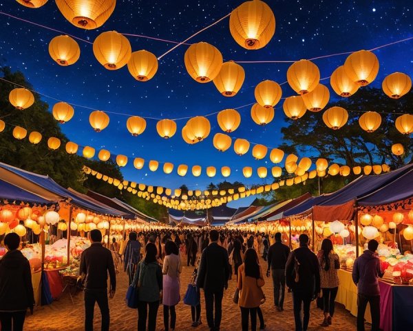 Vibrant Night Market with Lanterns and Colorful Stalls