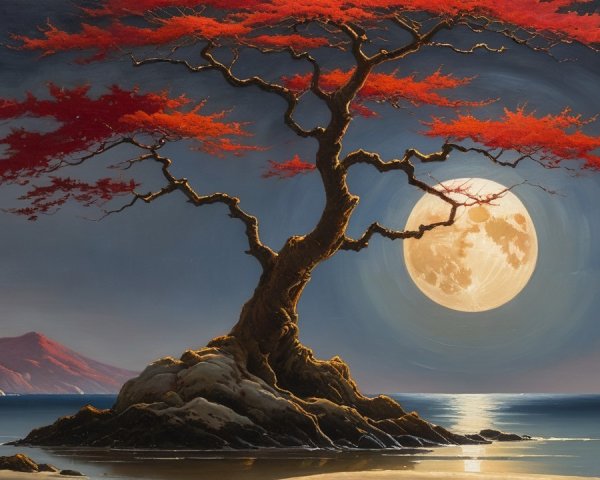 Solitary tree with red leaves under a full moon