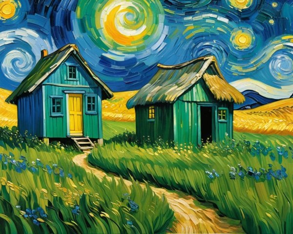 Starry Night Sky with Moon and Green Shacks Painting