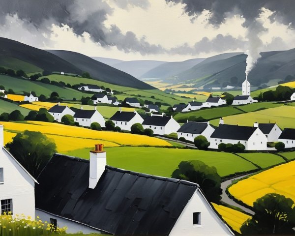 Serene Countryside Landscape with Cottages and Hills