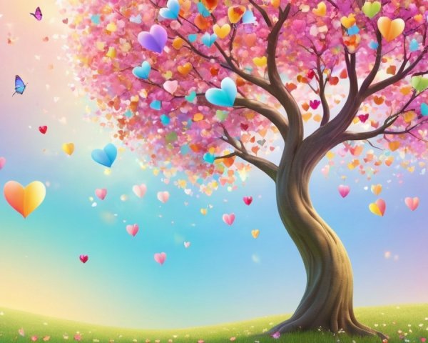 Whimsical tree with heart-shaped pink leaves and butterflies