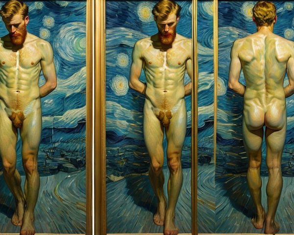 Nude Male Figure Against Swirling Starry Night Background