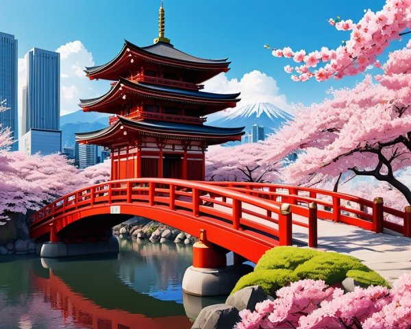 Red Pagoda and Cherry Blossoms with Skyscrapers
