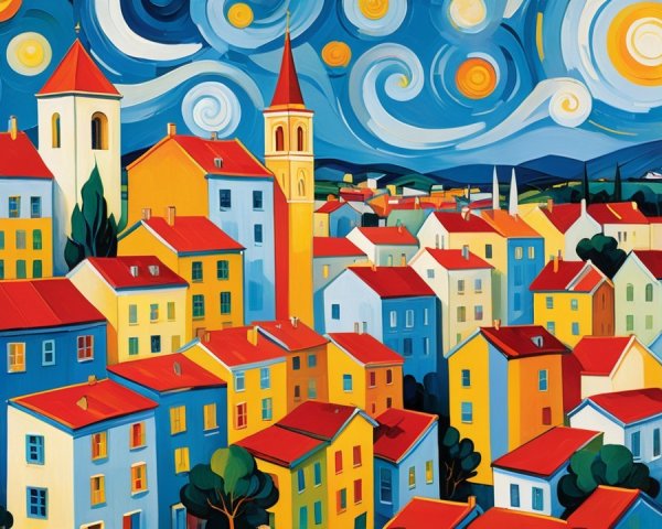 Whimsical Colorful Townscape with Dynamic Night Sky