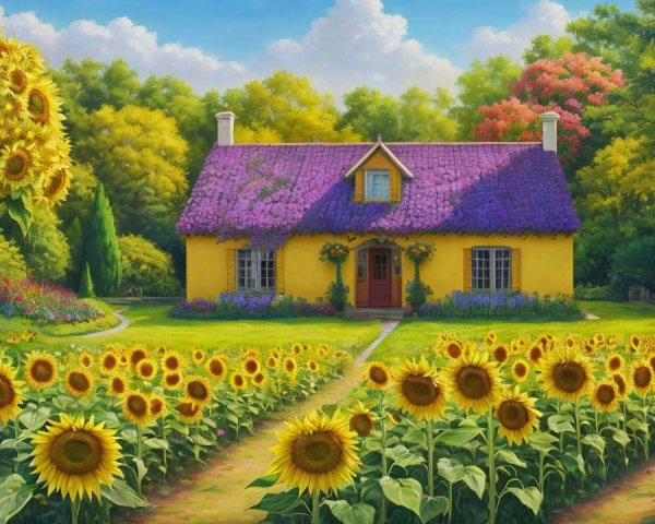 Charming Yellow Cottage with Purple Roof in Garden