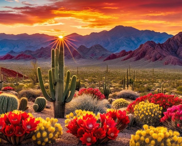 Vibrant Desert Landscape at Sunset with Cacti and Flowers