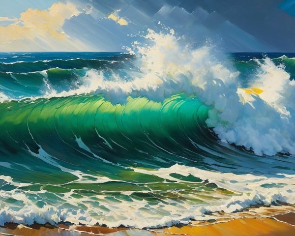 Vibrant Seascape of Crashing Waves and Sandy Shoreline