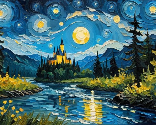 Dreamlike Landscape with Stars and Luminous Moon