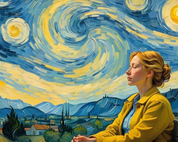 Serene Woman in Profile Against Vibrant Swirling Sky