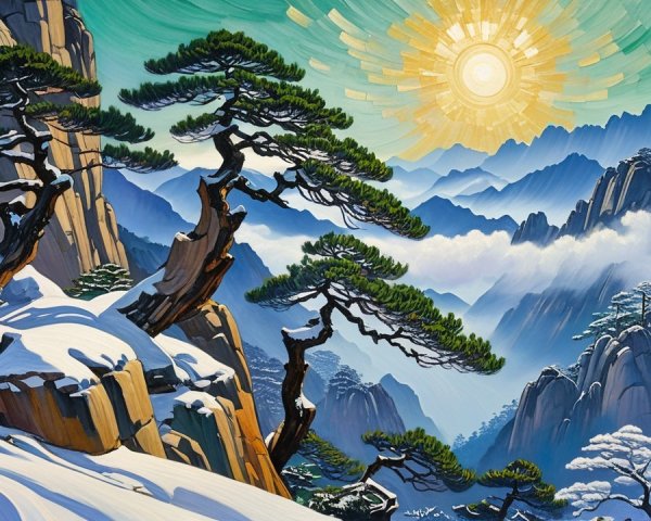 Winter Mountain Landscape in Korean Ink Wash Style