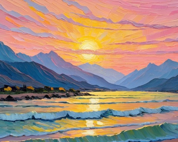 Vibrant Sunset Over Serene Landscape with Mountains