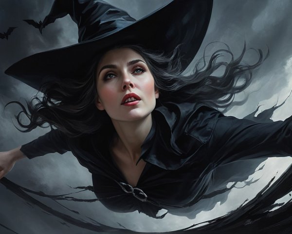 Witch in Pointed Hat Soaring Through Stormy Sky