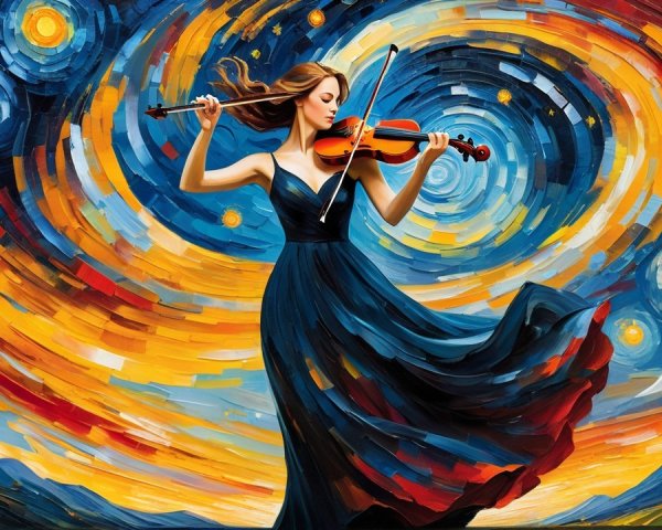 Woman in black gown playing violin with vibrant colors