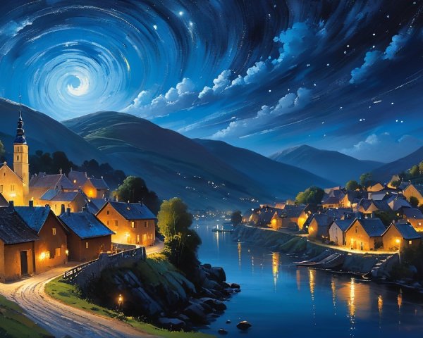 Serene Nighttime Village with Golden Lights and Stars