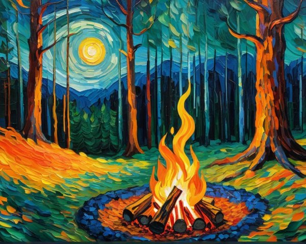 Serene Forest Landscape with Campfire at Dusk