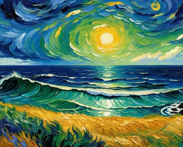 Vibrant oil painting of a dramatic ocean scene