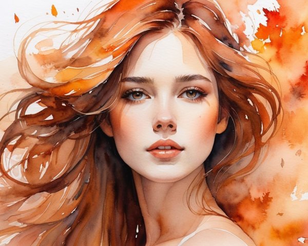 Watercolor Portrait of a Young Woman in Autumn Hues