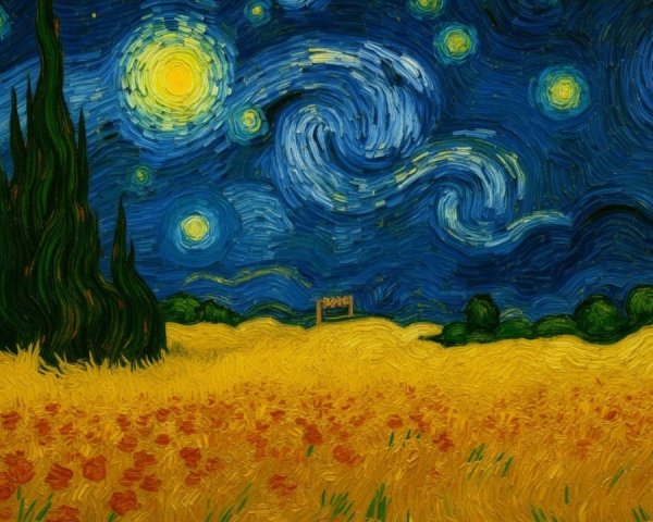 Vibrant Night Sky with Wheat Field and Cypress Tree