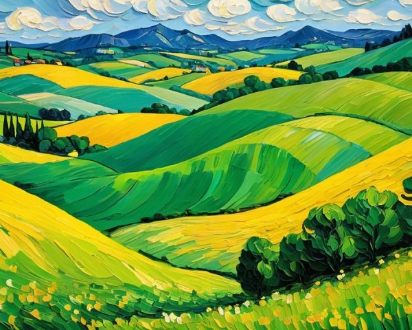 Vibrant Landscape with Rolling Hills and Distant Mountains