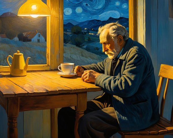 Elderly Man Contemplating Coffee in Starry Room