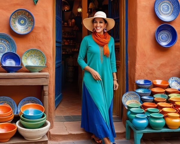 Woman in Pottery Shop Surrounded by Colorful Ceramics