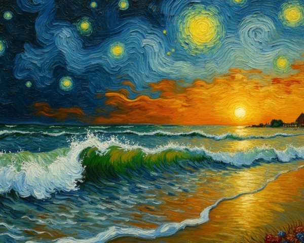 Vibrant Sunset Seascape with Stars and Silhouettes