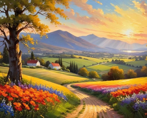 Serene Landscape with Sunrise, Hills, and Flowers