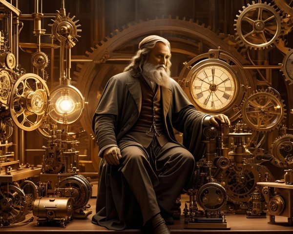 Elderly Figure in a Lavish Steampunk Workshop