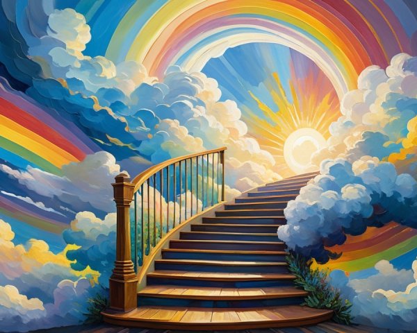 Surreal Staircase in a Colorful Sky with Rainbows
