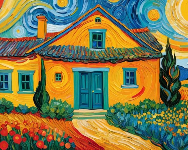 Impressionistic Painting of a Yellow House and Garden
