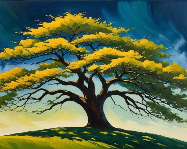 Majestic tree on a hill with vibrant yellow leaves