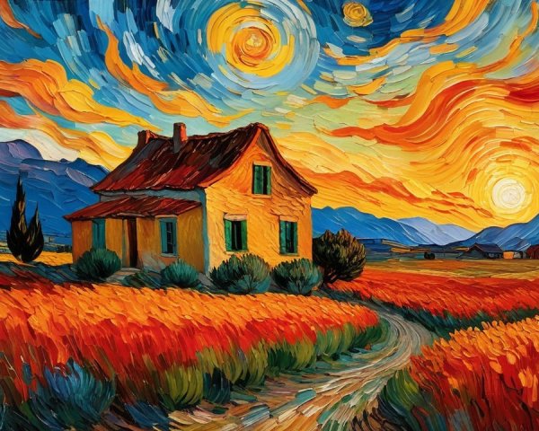Impasto Oil Painting of House and Poppy Fields