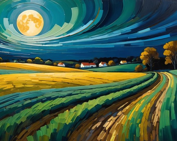 Vibrant Landscape Under a Full Moon with Village